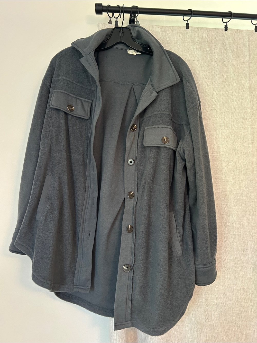 Charcoal Gray Fleece Shacket with Button Front